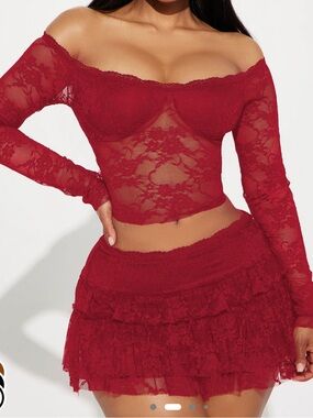 Fashion Nova Red Lace Ruffled Mini Skirt